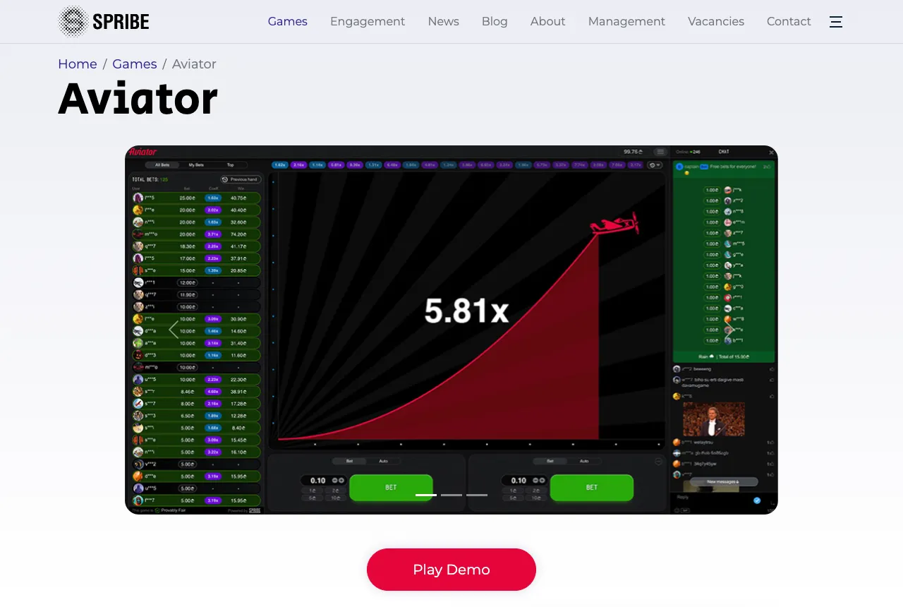 Aviators officielle side på spribe.co med spillets skærm, kurven, chatten og knappen Play Demo