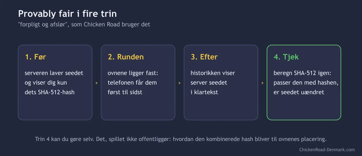 Diagram over provably fair: hashen af server seed vises før runden, selve seedet først bagefter