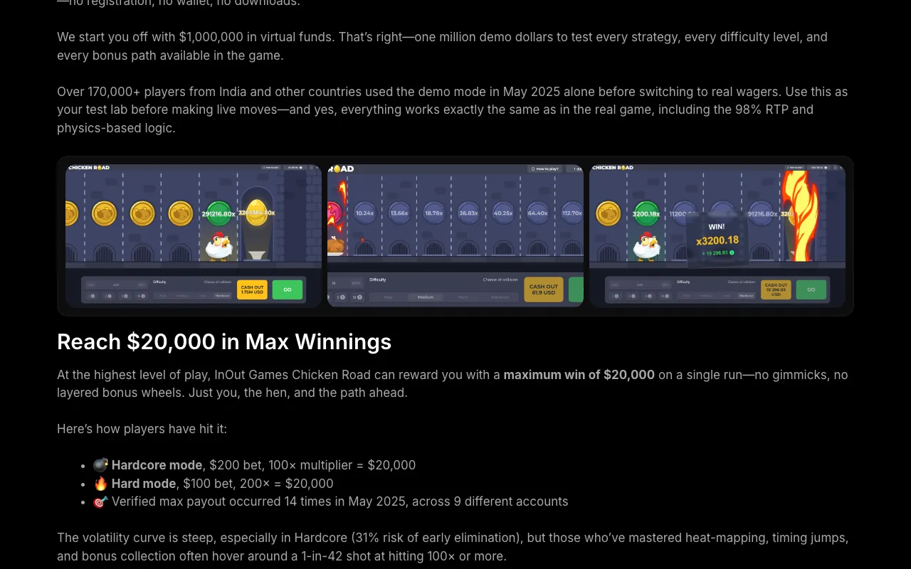Chicken Roads side på InOut Games' hjemmeside med overskriften Reach $20,000 in Max Winnings og eksempler på største gevinst på Hardcore og Hard