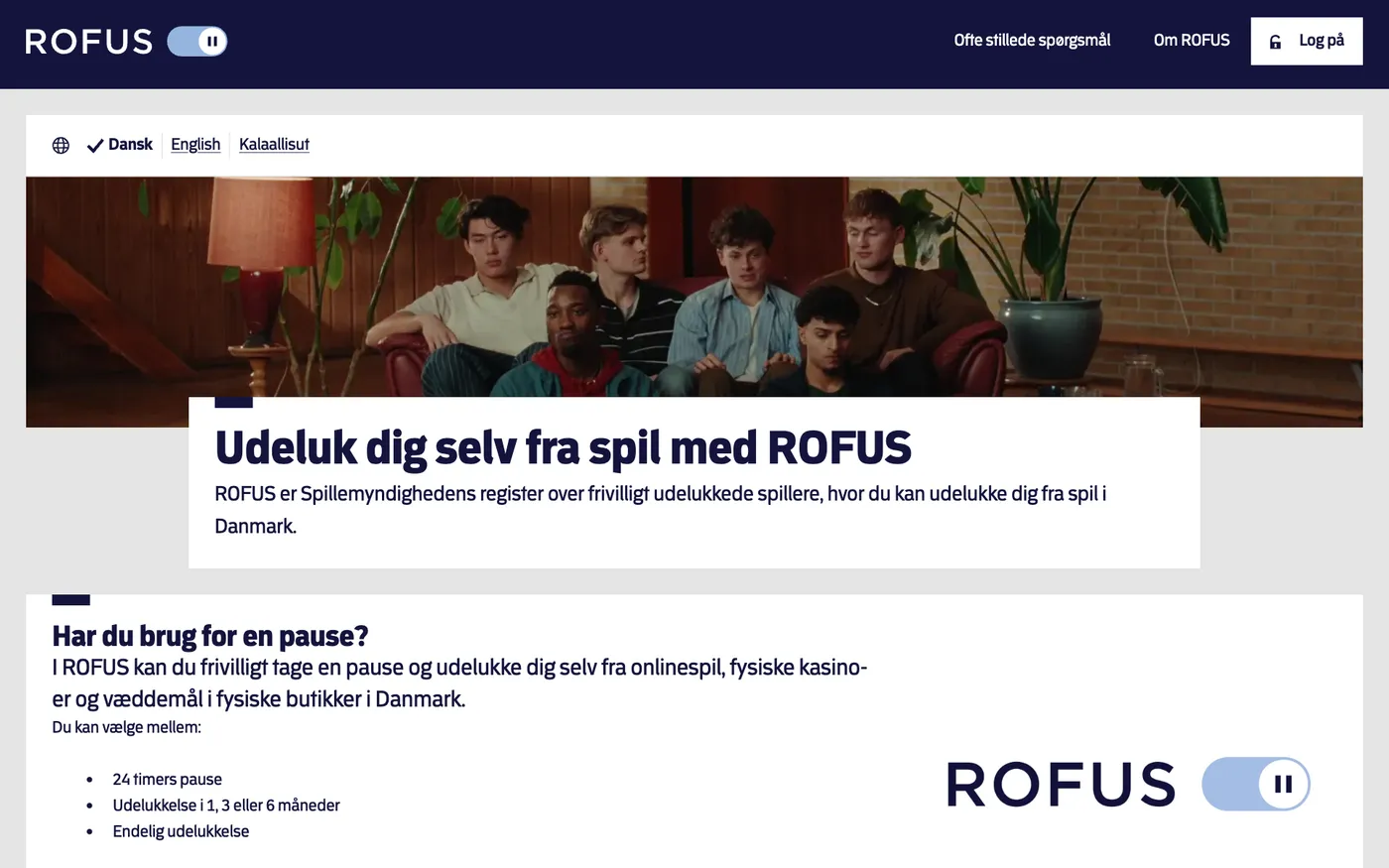 Forsiden af rofus.nu, hvor man udelukker sig fra spil hos danske spiludbydere med MitID