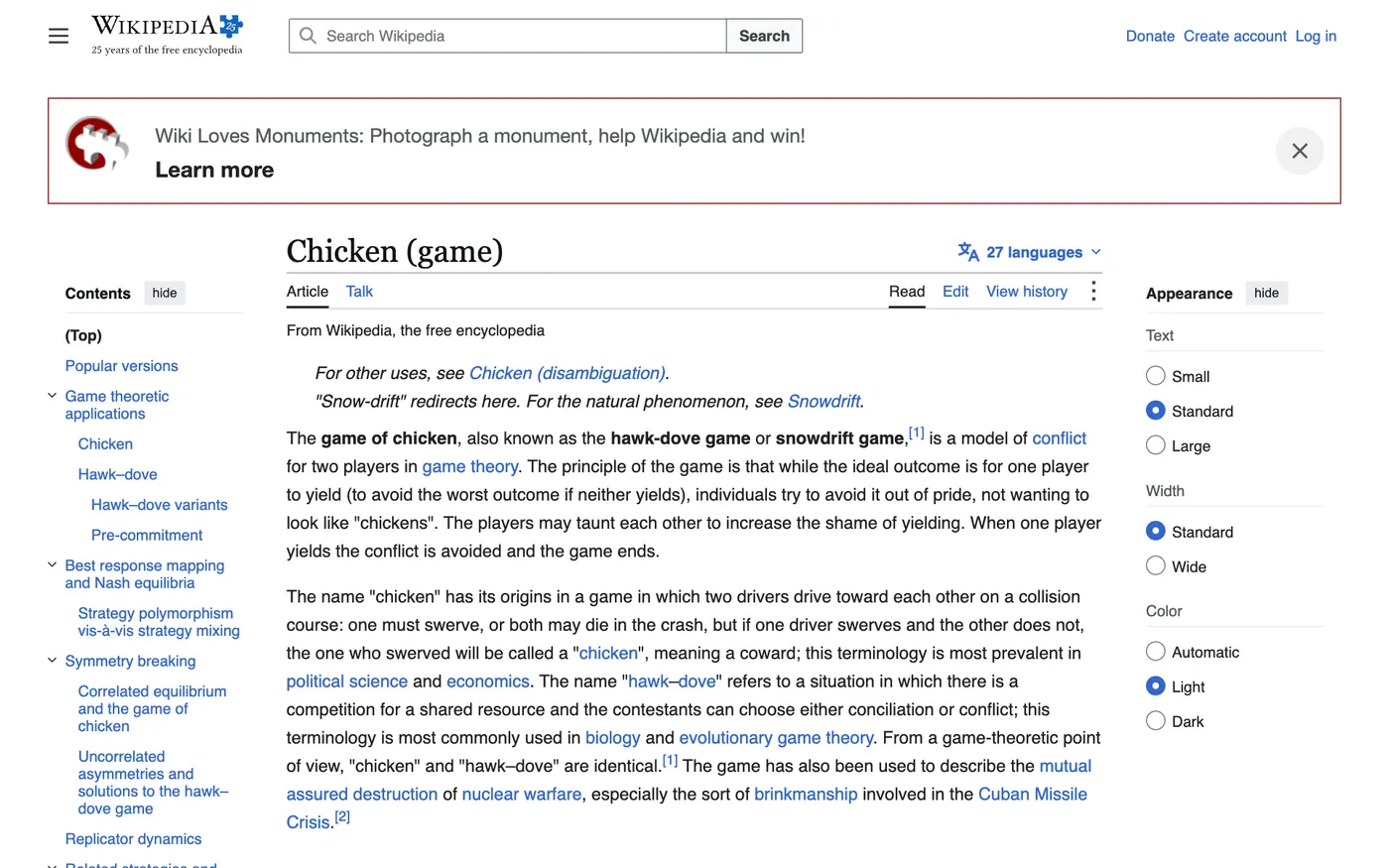 Den engelske Wikipedia-artikel Chicken (game) om modellen i spilteorien