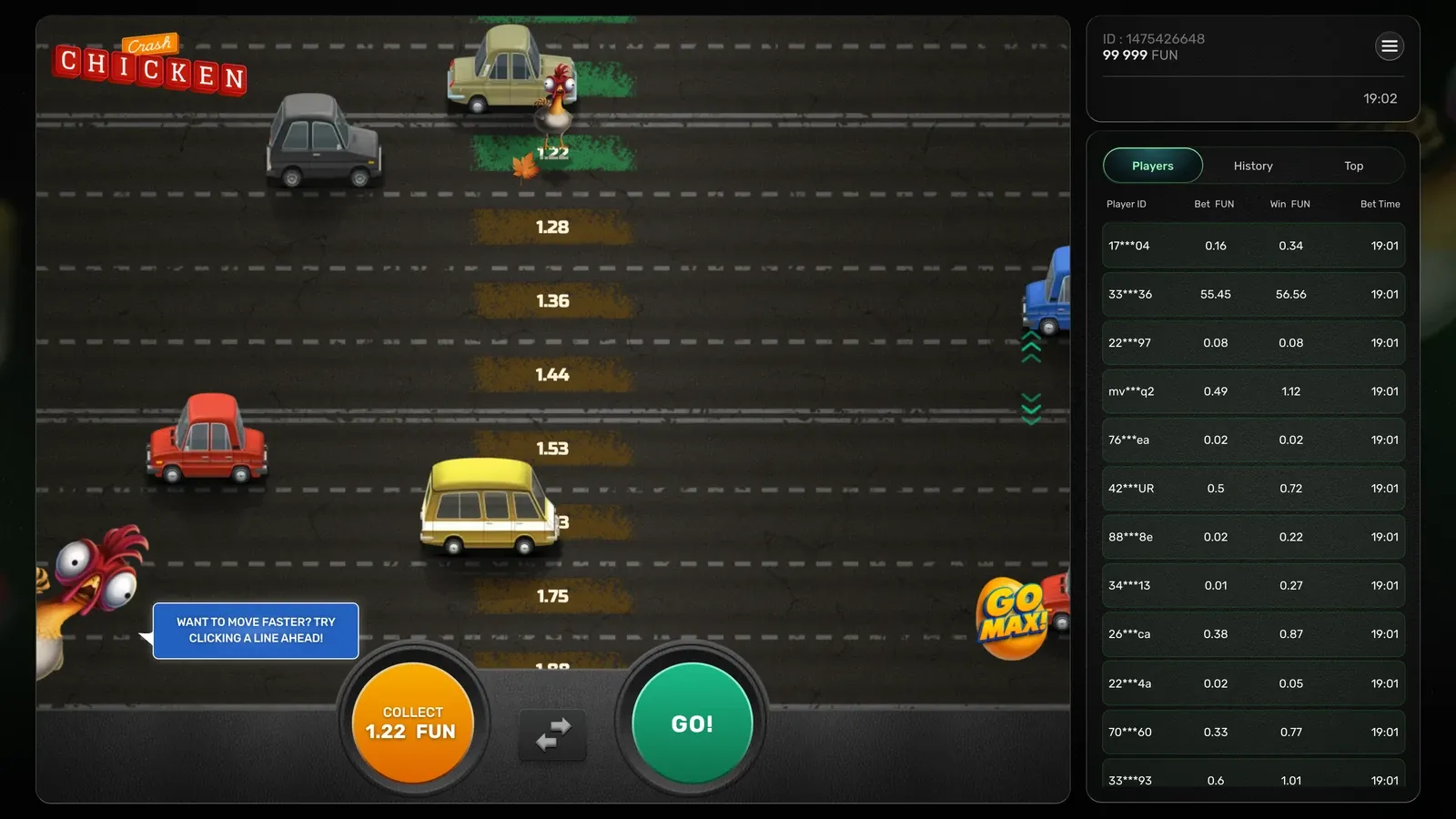 En runde Chicken Crash på Easy: kyllingen står på 1.22x, og knappen Collect viser 1,22 FUN