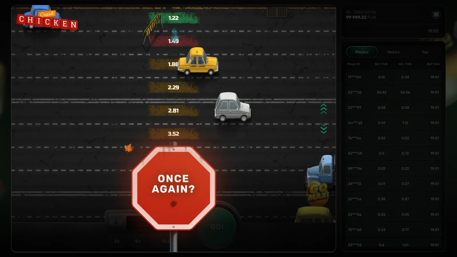 En tabt runde i Chicken Crash på Hard: kyllingen er ramt på linjen 1.49x, og skiltet Once again? vises