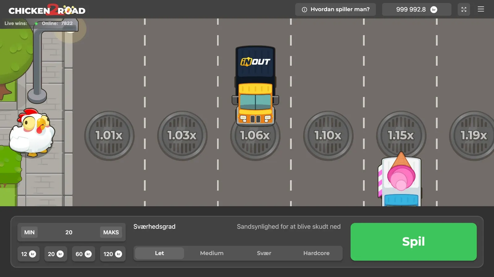Chicken Road 2 i den danske demo på Let med skiltene 1,01x, 1,03x, 1,06x, 1,10x, 1,15x og 1,19x og biler på vejen