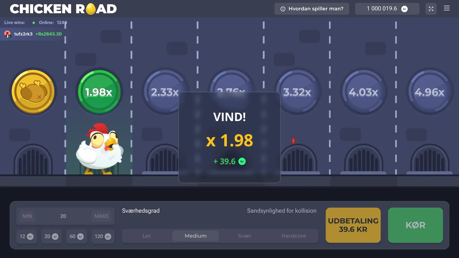 Gevinstvinduet i den danske demo af Chicken Road: VIND! x 1.98 og +39,6 kr. på en indsats på 20 kr.