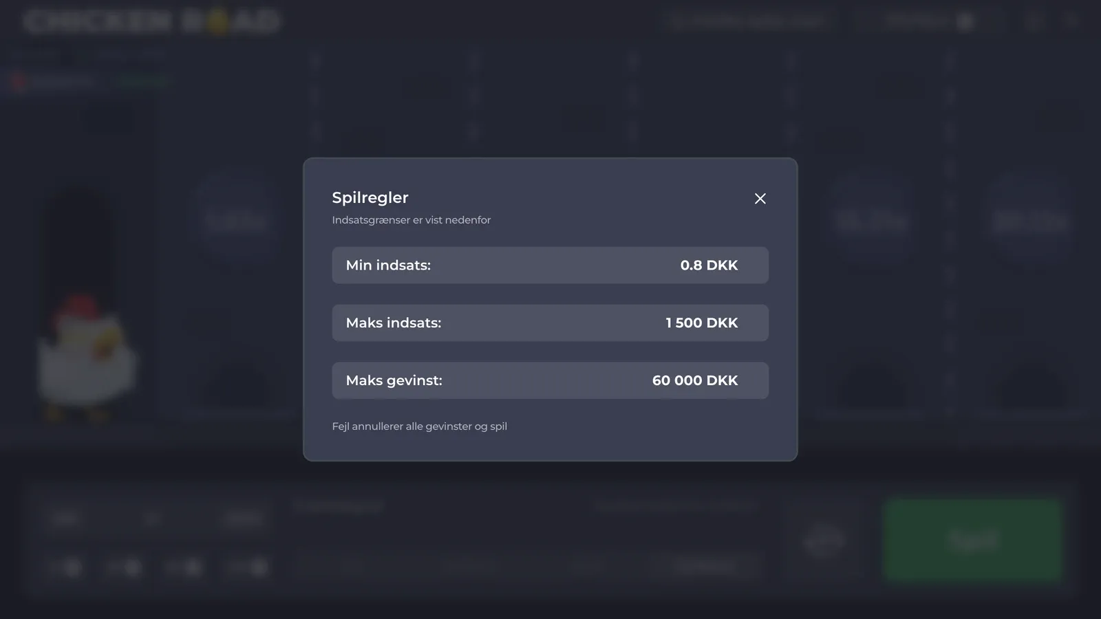 Vinduet Spilregler i den danske demo: mindste indsats 0,8 DKK, største indsats 1 500 DKK, største gevinst 60 000 DKK