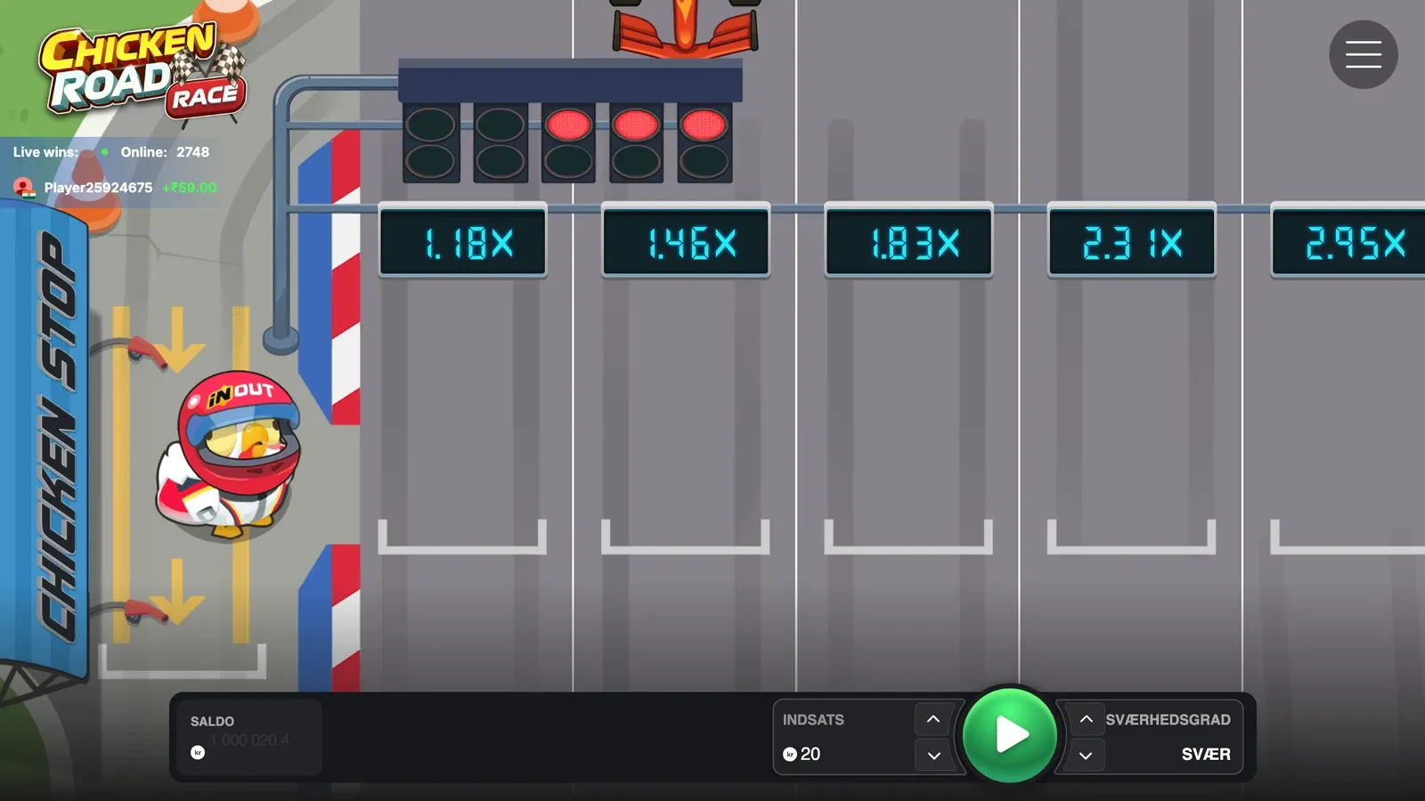 Chicken Road Race på Svær i den danske demo med skærmene 1,18x, 1,46x, 1,83x, 2,31x og 2,95x