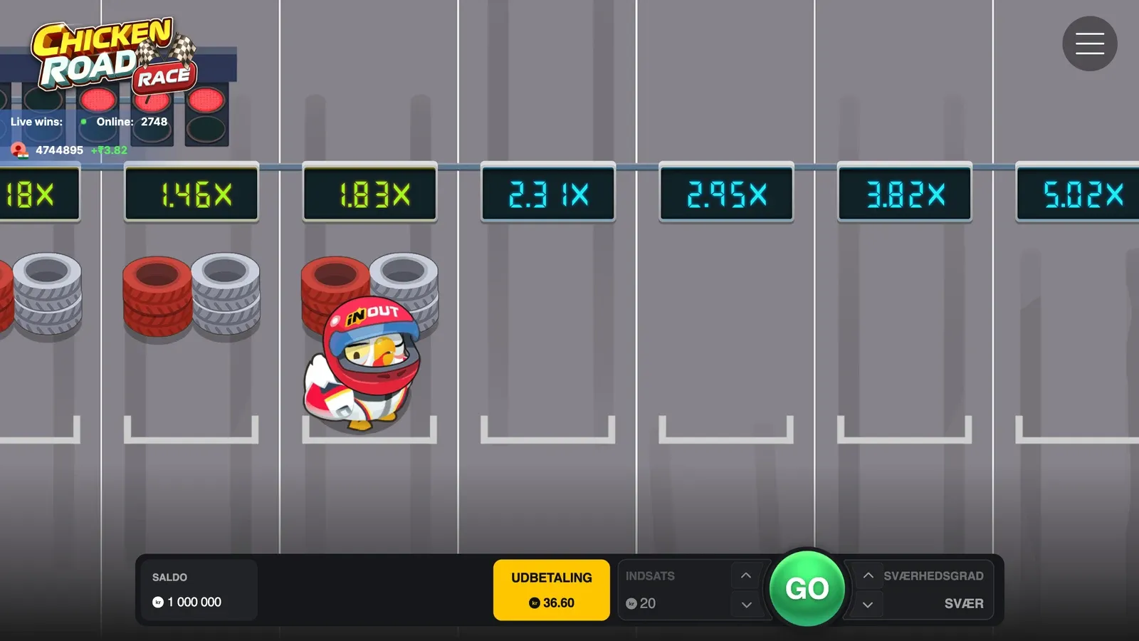 En runde Chicken Road Race på Svær: kyllingen med hjelm står på 1,83x, og udbetalingen viser 36,60