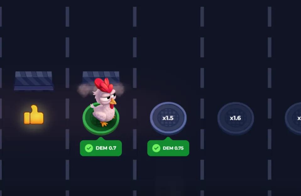 Uncrossable Rush fra Evoplay: hønen Eggwina på en bane med multiplikatorerne x1.5 og x1.6 foran sig