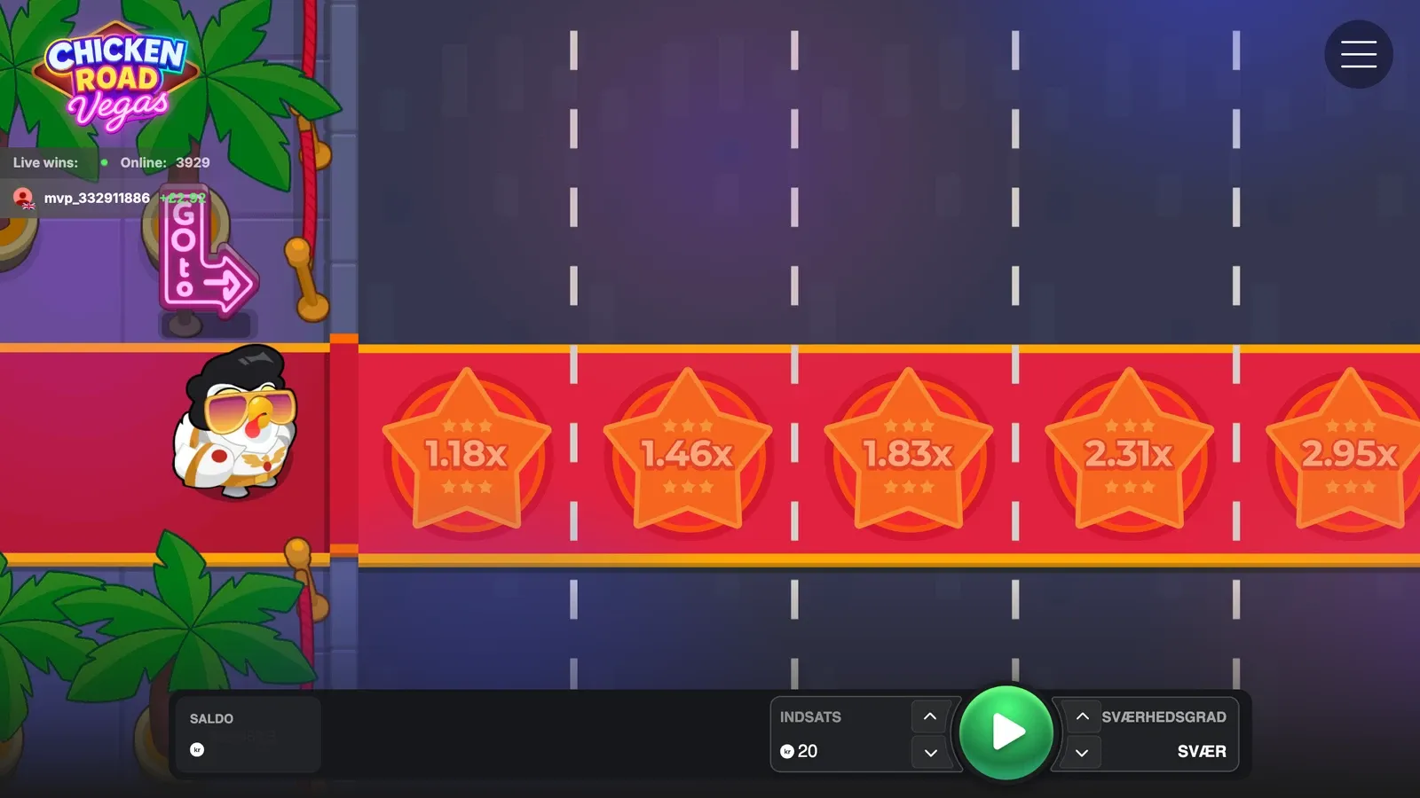 Chicken Road Vegas på Svær i den danske demo med stjernerne 1,18x, 1,46x, 1,83x, 2,31x og 2,95x