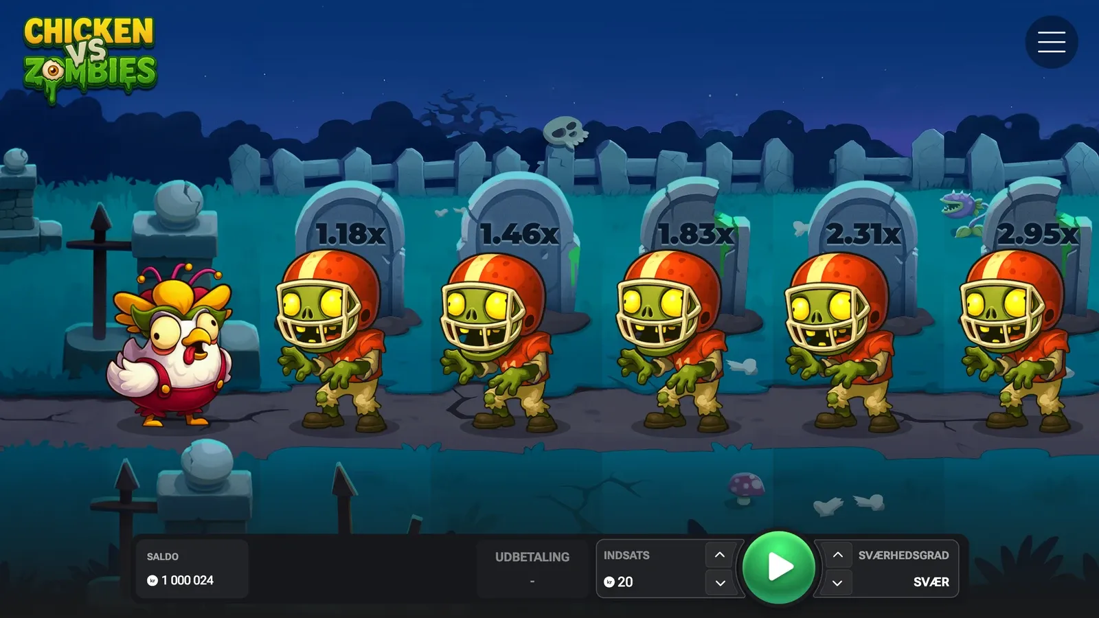 Chicken vs Zombies på Svær i den danske demo med gravstenene 1,18x, 1,46x, 1,83x, 2,31x og 2,95x